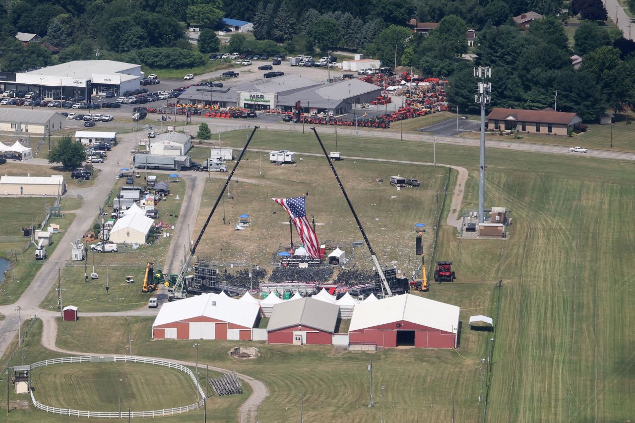 An aerial view shows the site during the law enforcement investigation into gunfire at a campaign rally of former President Donald Trump, in Butler, Pennsylvania, on July 14.