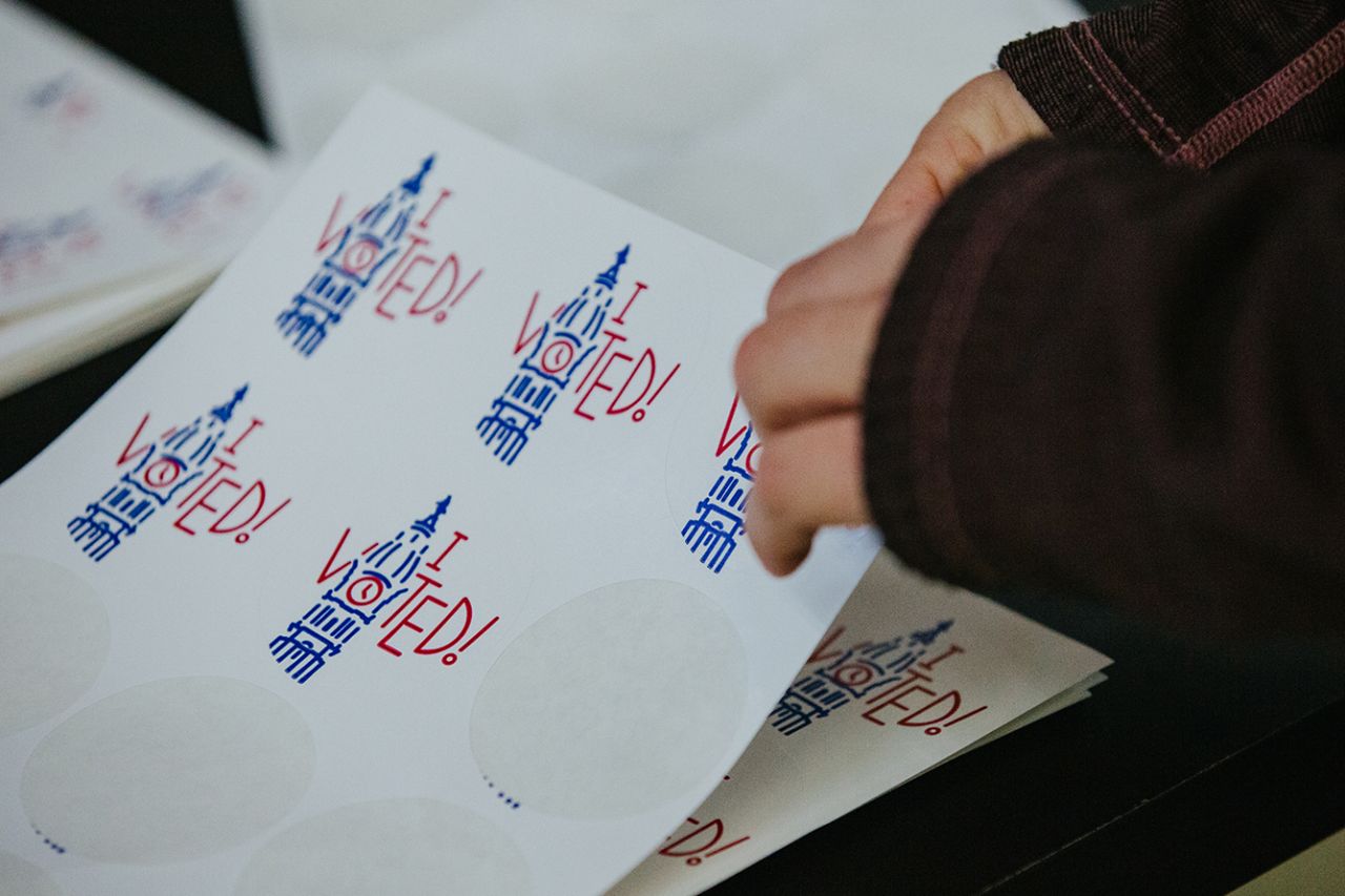 "I Voted!" stickers at a polling location in Philadelphia, Pennsylvania, on Tuesday.