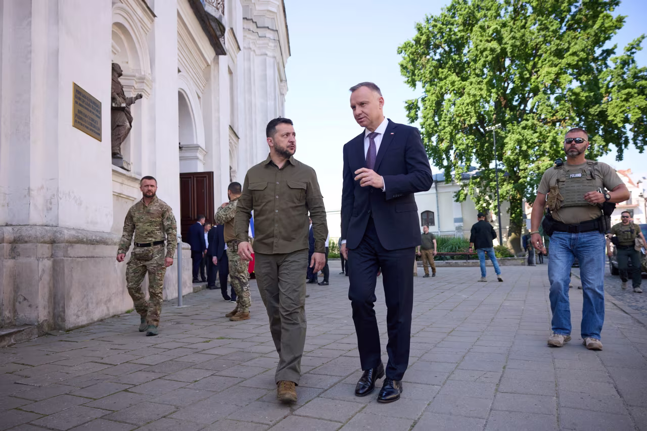 Ukrainian President Volodymyr Zelensky meets with Polish President Andrzej Duda in Lutsk, Ukraine, on July 9. 