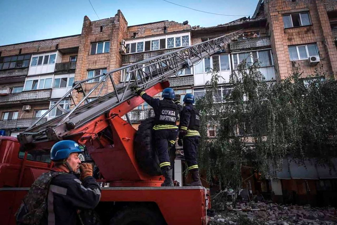 Rescuers work at the site of a building destroyed during a Russian missile strike in Pokrovsk, Ukraine on August 7.