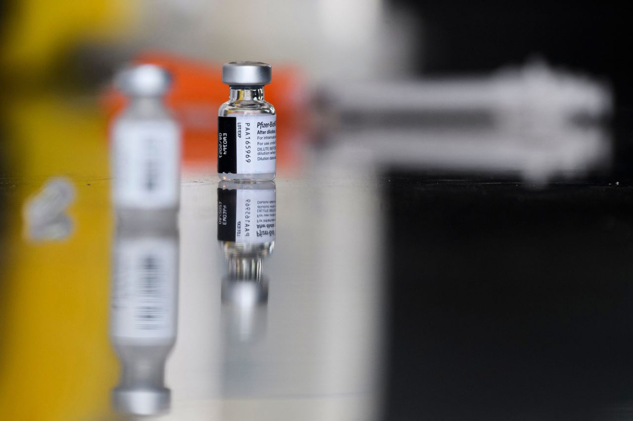 Vials of the Pfizer Covid-19 vaccine are seen at a mobile vaccination clinic at the Weingart East Los Angeles YMCA on May 14 in Los Angeles.