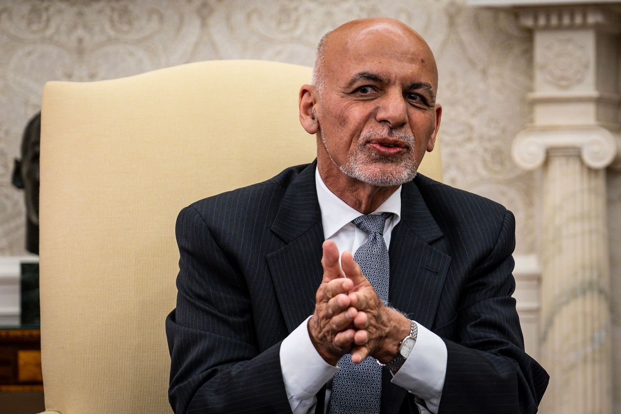 Former Afghan president Ashraf Ghani makes brief remarks during a meeting with President Joe Biden in the Oval Office on June 25.