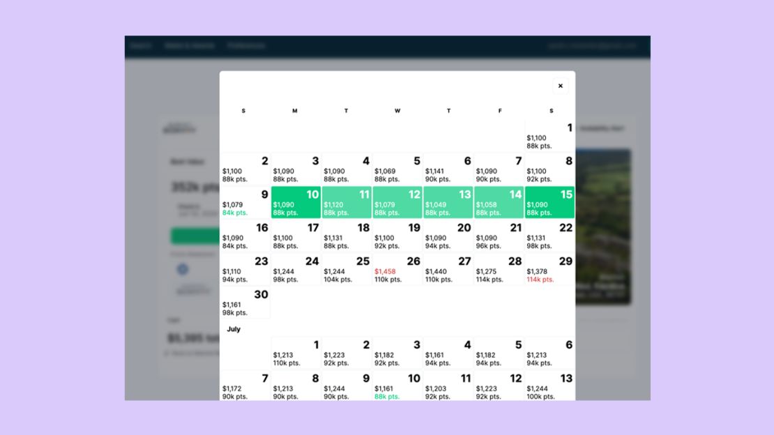 A screenshot of the Awayz award calendar