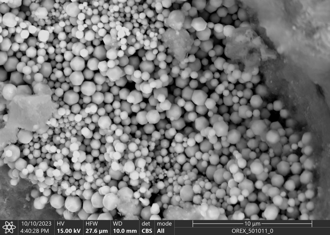 The Bennu samples revealed magnetite (iron oxide) crystals less than 1 micrometer in size. The individual crystals included hexahedra (six-sided cubes) and octahedra (eight-sided polyhedra).