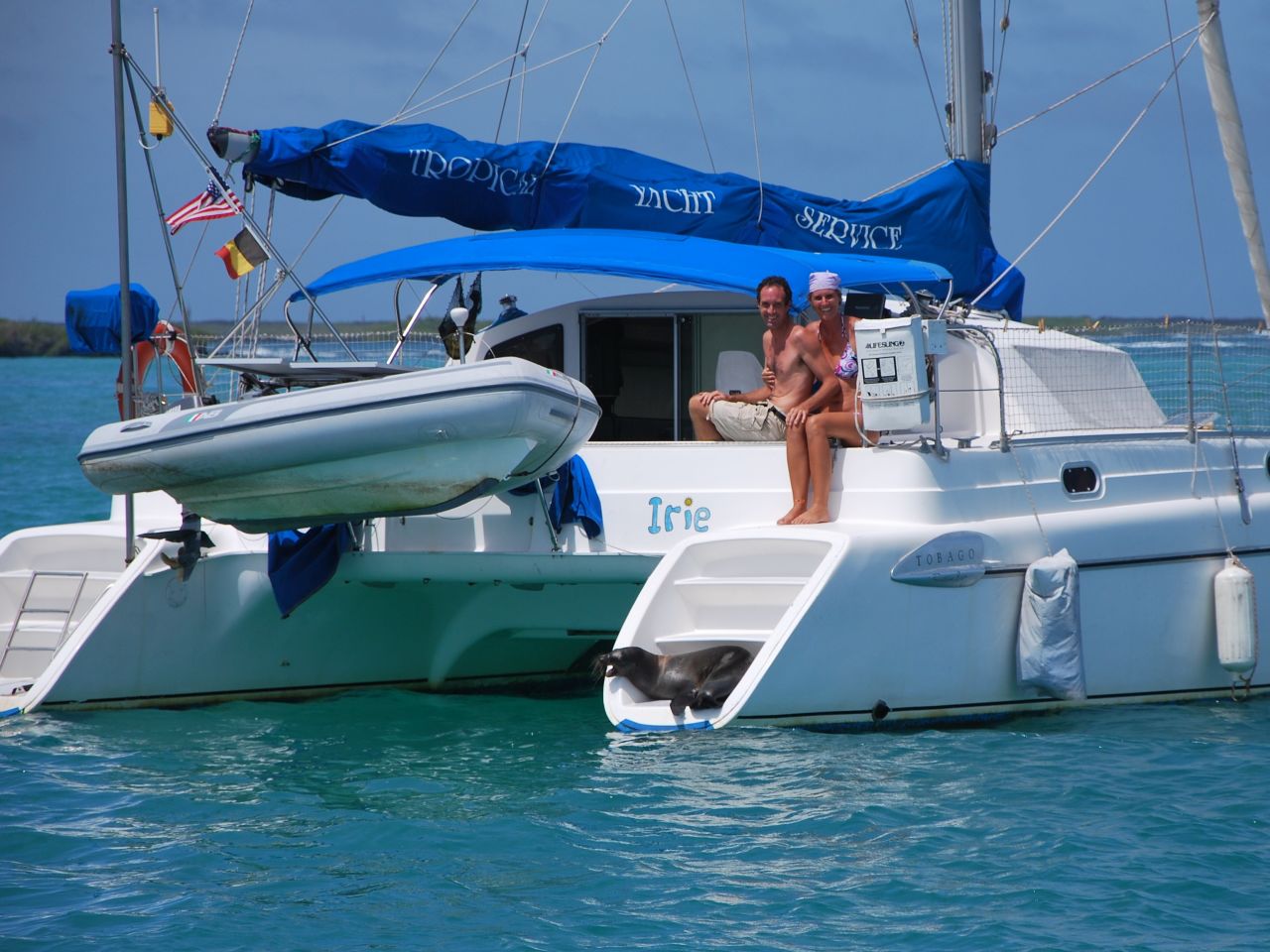 Here's Liesbet and Mark on their catamaran in the Galapagos Islands in 2013.