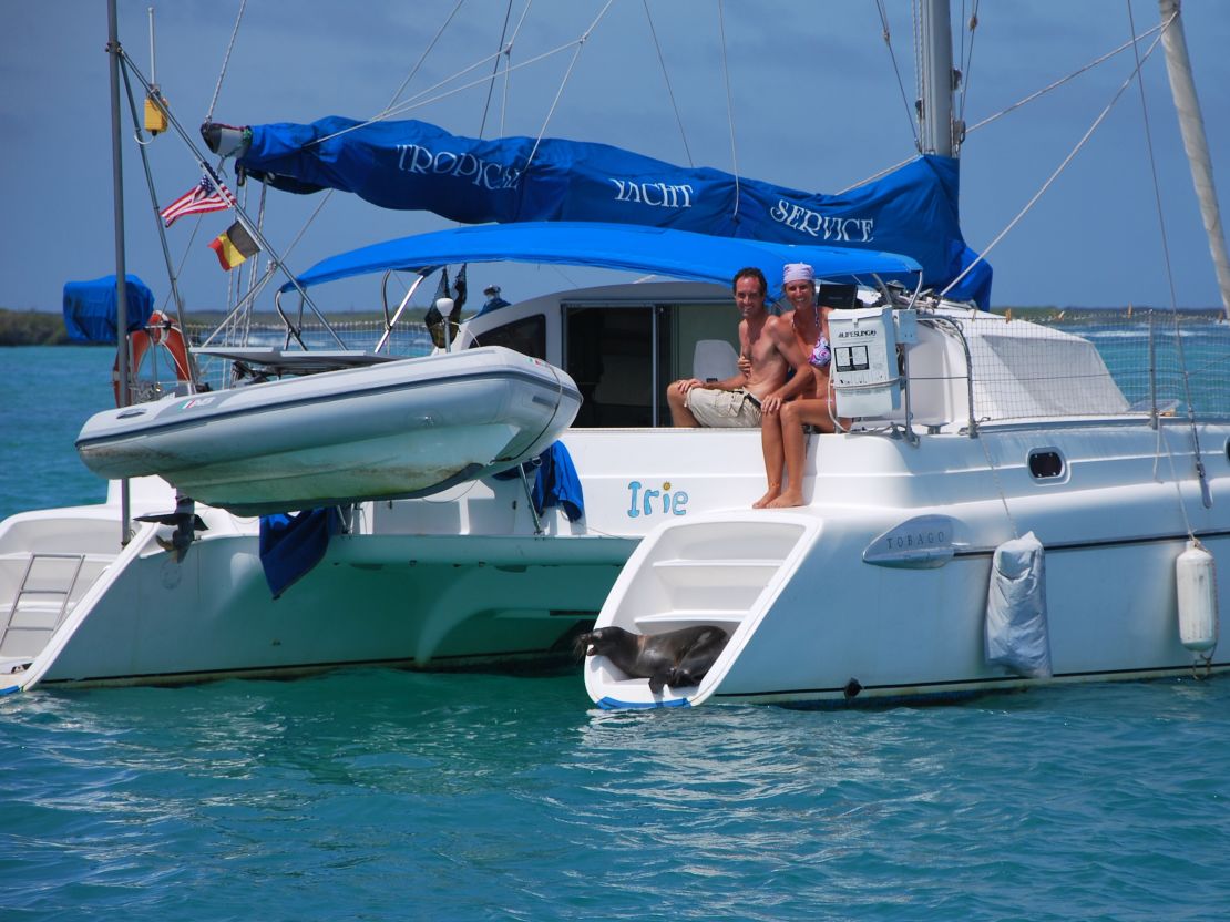 Here's Liesbet and Mark on their catamaran in the Galapagos Islands in 2013.