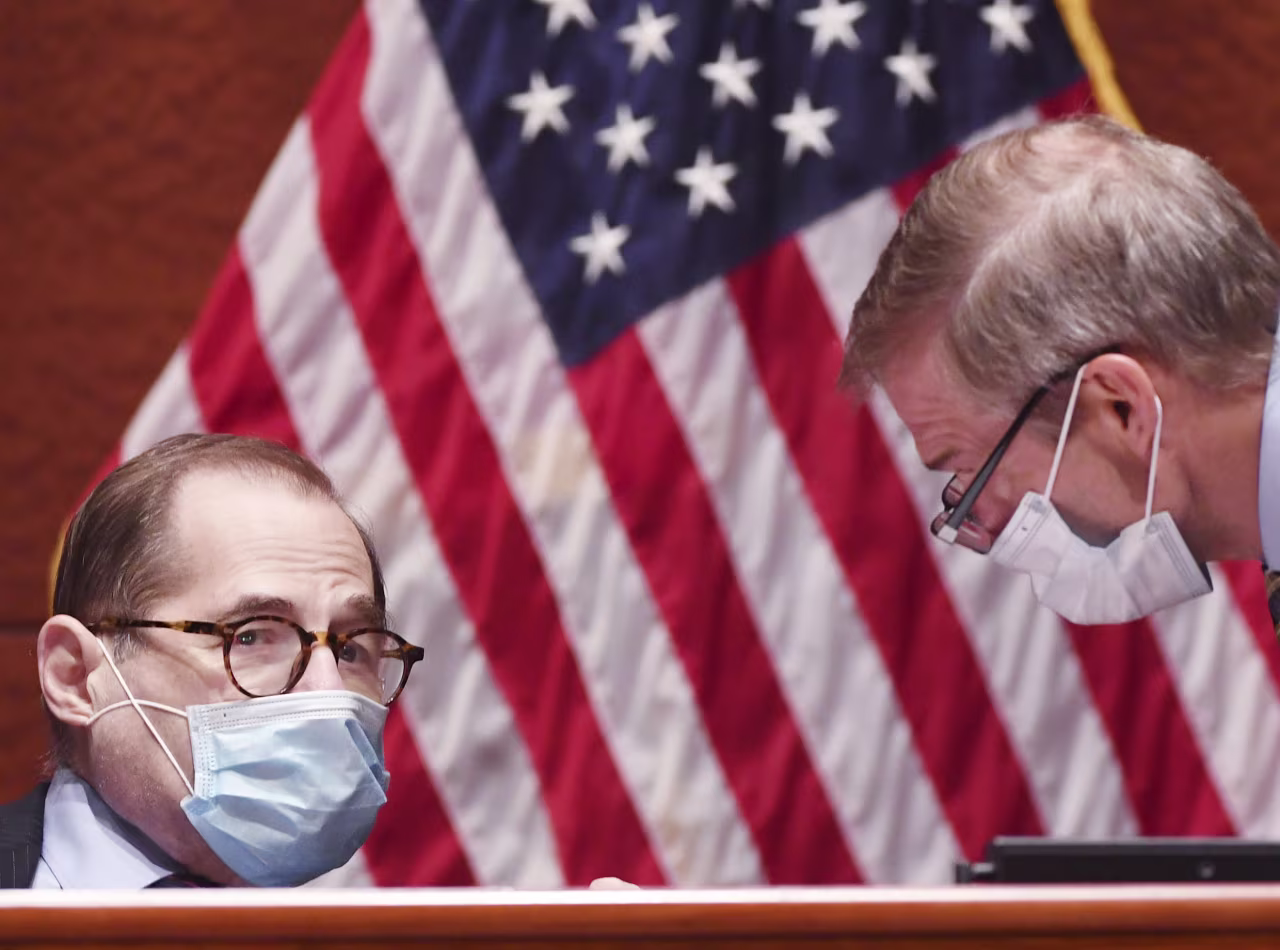 Jerry Nadler, D-N.Y., speaks with Rep. Jim Jordan, R-Ohio, during a House Judiciary Committee markup of the Justice in Policing Act of 2020 on Capitol Hill in Washington DC, on Wednesday, June 17. 