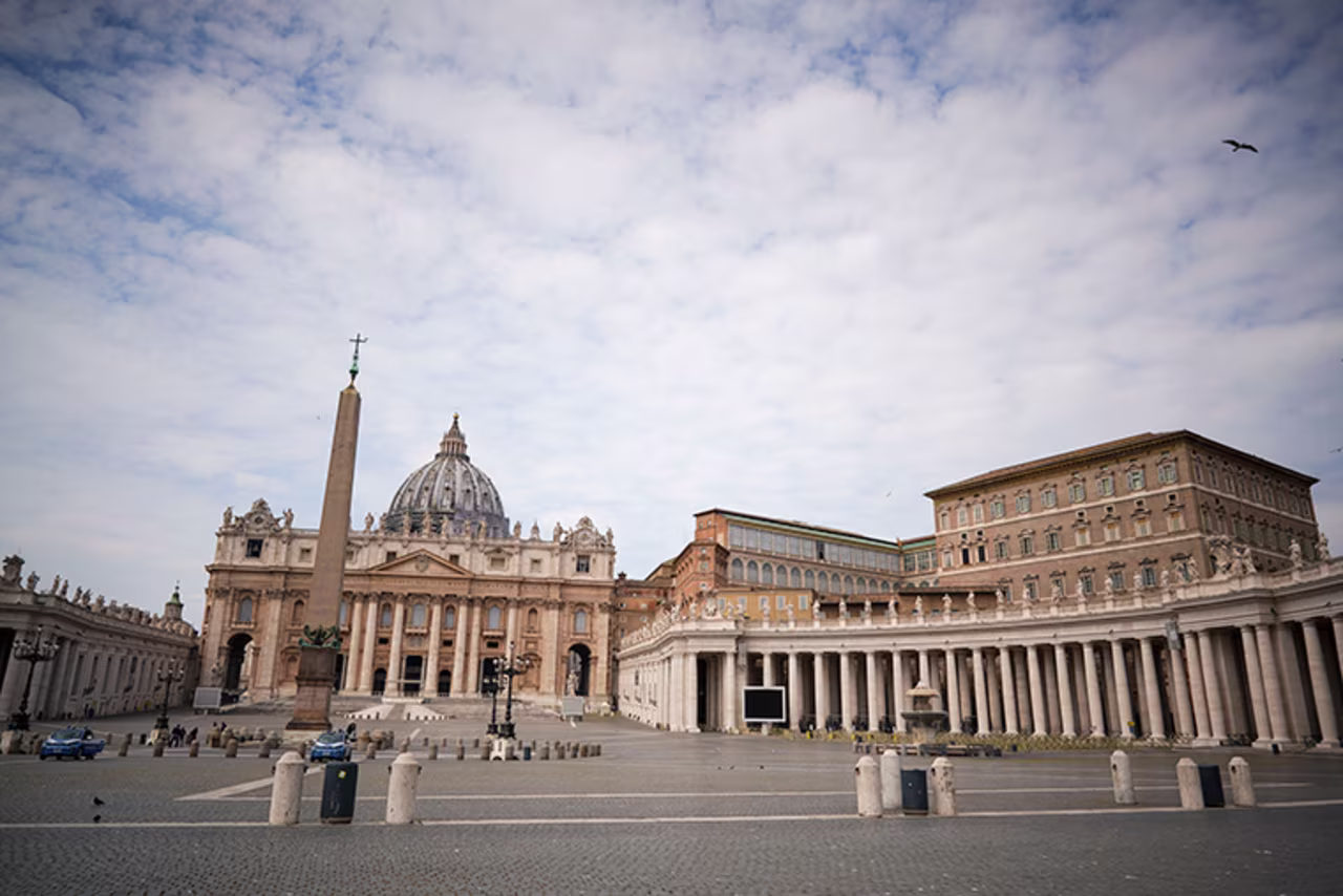 An empty St. Peter's Square is seen Monday, April 13.