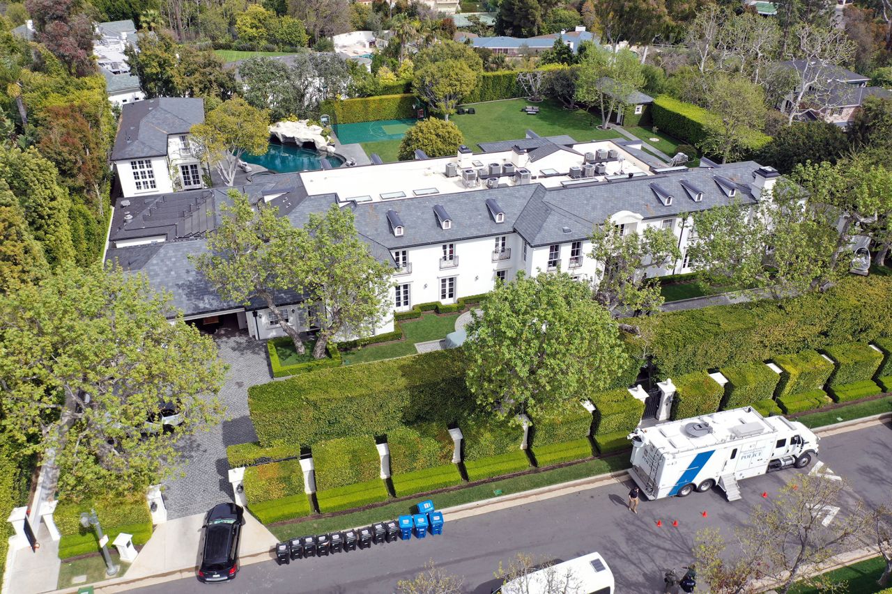 In an aerial view, the home of Sean "Diddy" Combs is seen during a raid by federal law enforcement agents in Los Angeles, on March 25.