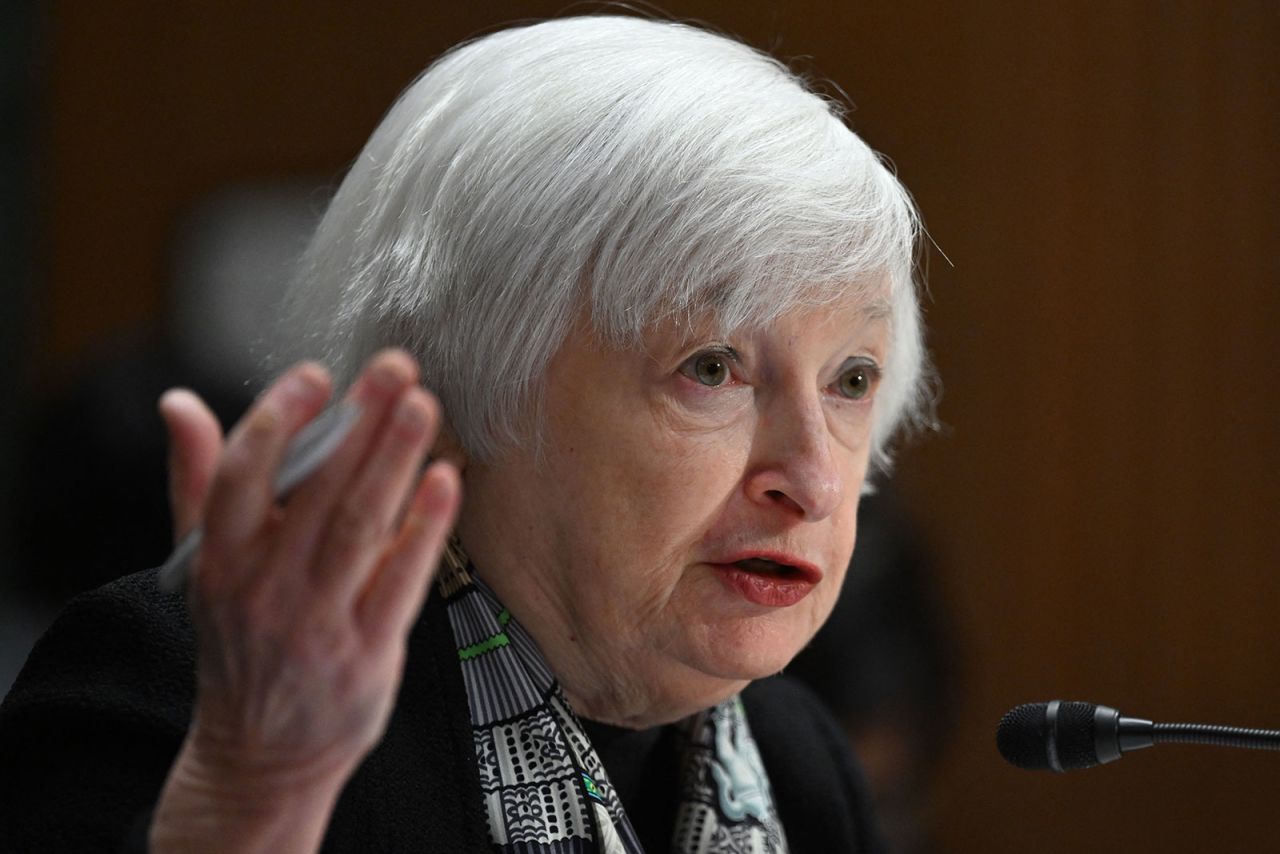 US Treasury Secretary Janet Yellen testifies before the Senate Finance Committee?on March 16.