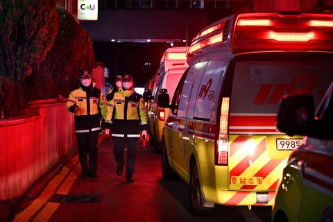 Police pass ambulances at Soon Chun Hyang University Hospital in Seoul, on Oct 30.