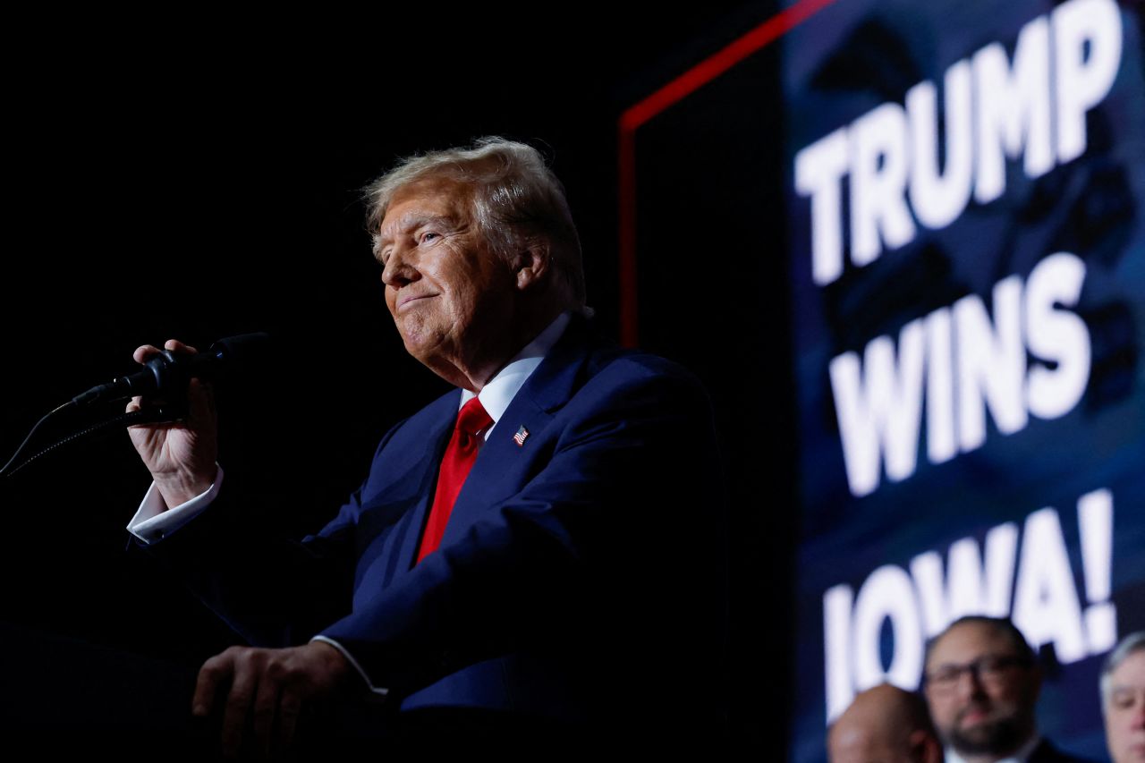 Former President Donald Trump speaks during his Iowa caucus night watch party in Des Moines on Monday.