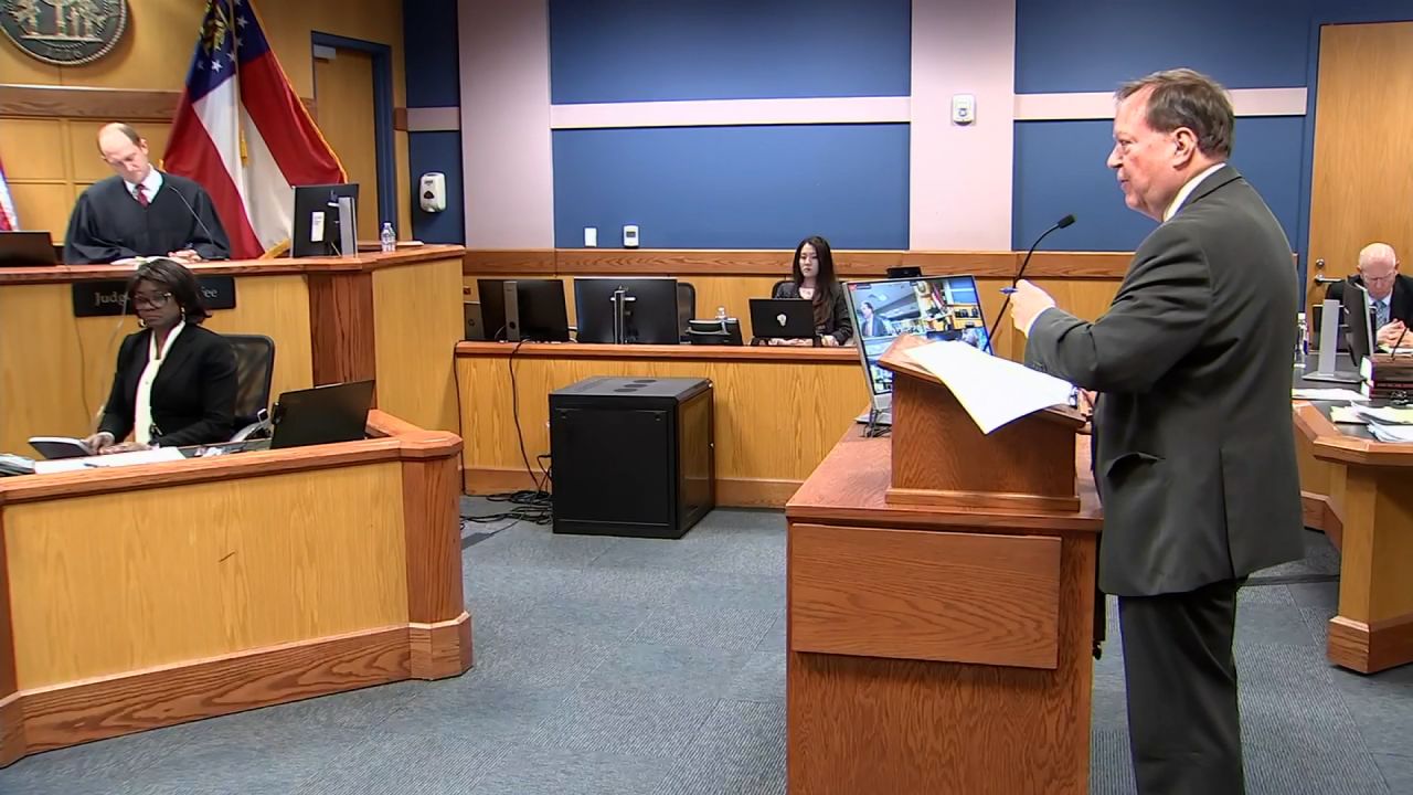 Craig Gillen questions Nathan Wade, not pictured, during a hearing at Fulton County courthouse in Atlanta on Thursday.