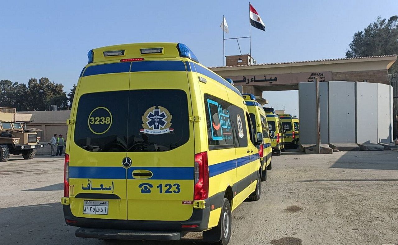 Egyptian ambulances drive through the Rafah crossing into Gaza on November 1.