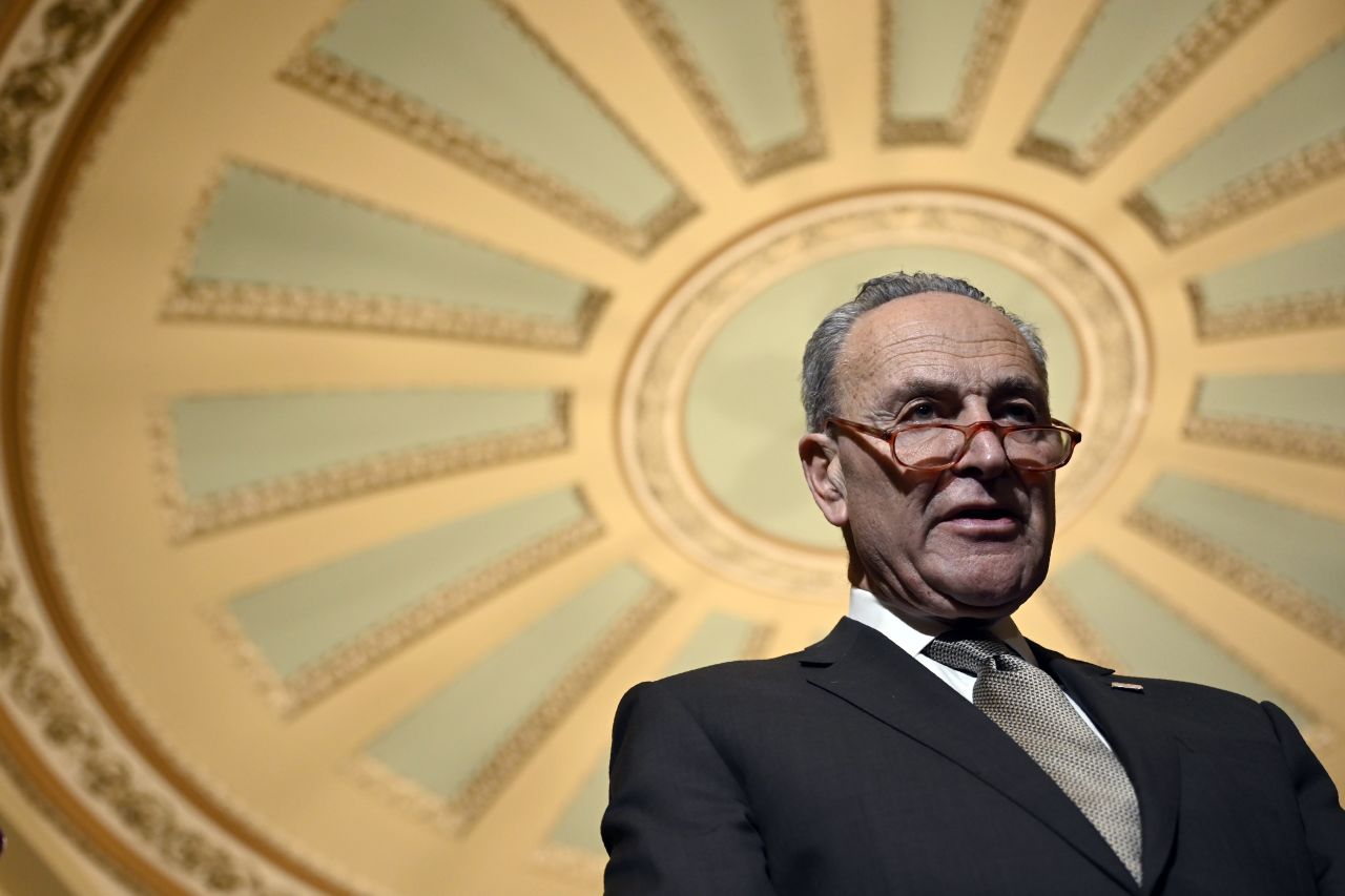 Senate Minority Leader Sen. Chuck Schumer speaks during a news conference on Capitol Hill in Washington, on Tuesday, February 25.