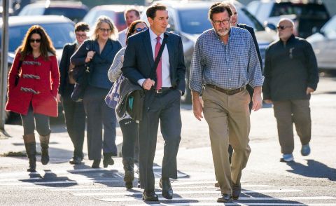 Plaintiffs and their attorneys arrive at the Connecticut Superior Court in Waterbury, Connecticut, on Wednesday morning. At front right is Bill Sherlach, whose wife, Mary, was killed.