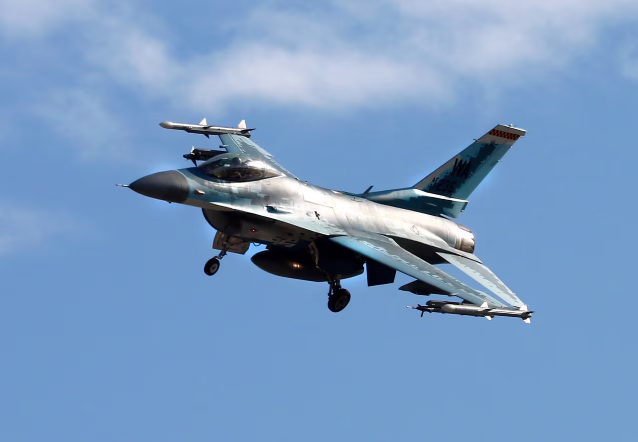 A United States Air Force F-16 fighter jet flies at Nellis Air Force Base near Las Vegas on February 16, 2022. 
