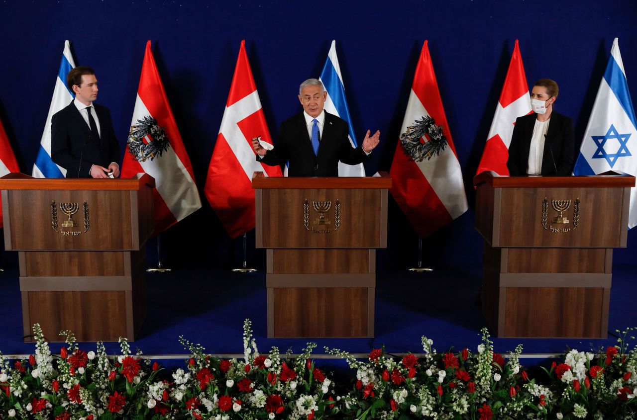 Israeli Prime Minister Benjamin Netanyahu, center, Danish Prime Minister Mette Frederiksen, left, and Austrian Chancellor Sebastian Kurz, give a joint press conference at the prime minister's office in Jerusalem on March 4. 