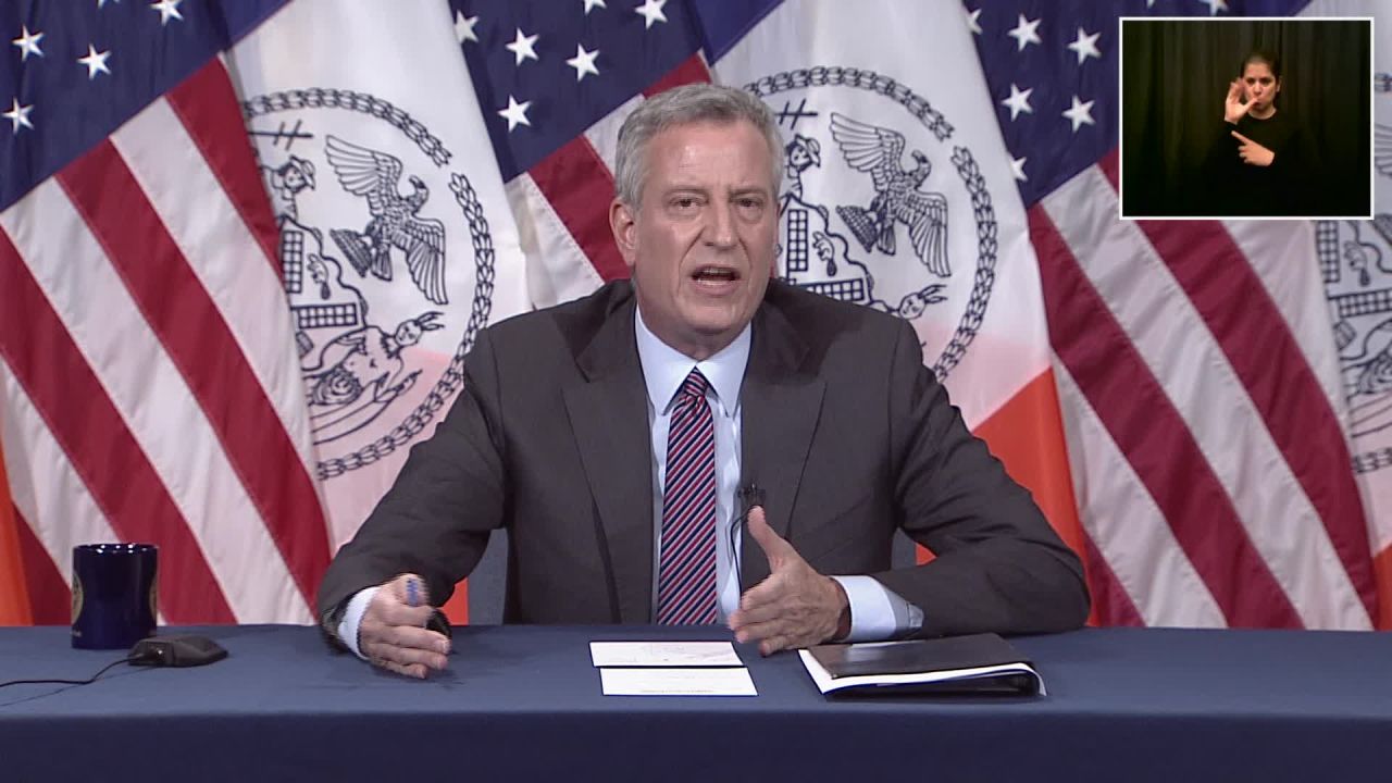 New York City Mayor Bill de Blasio speaks during a coronavirus briefing on May 15 in New York City.