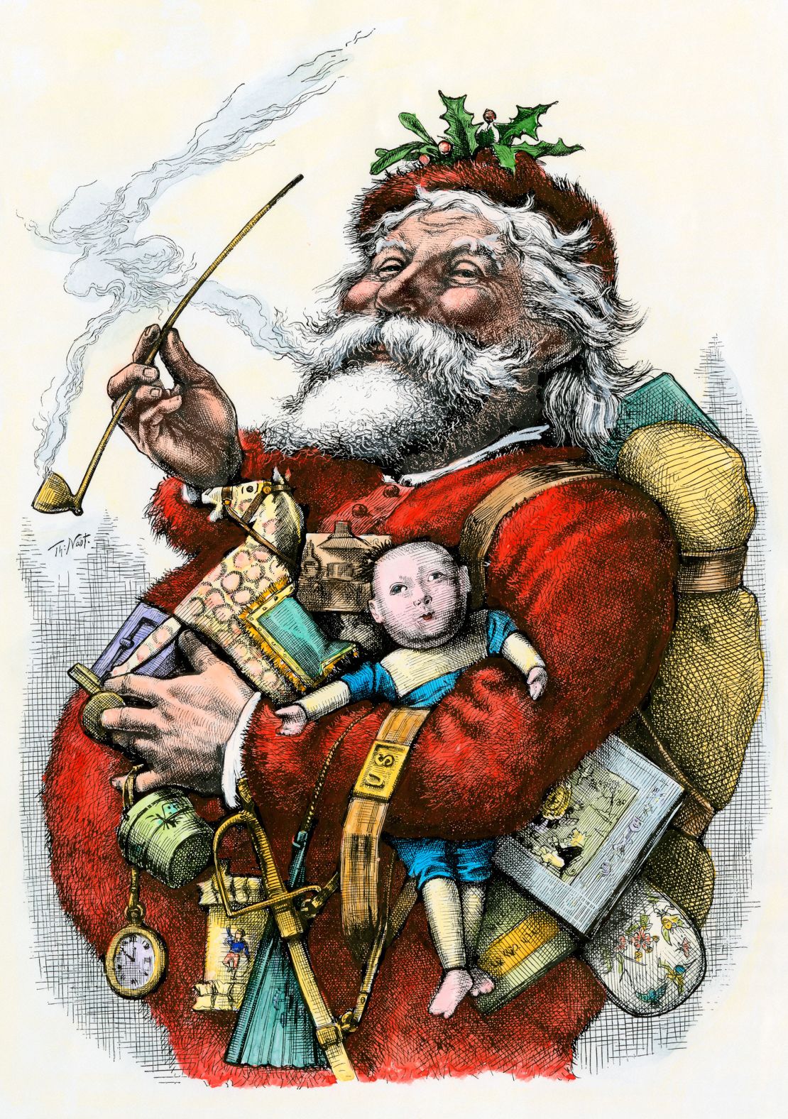 This hand-colored version of a Thomas Nast illustration from 1881 is  a formative early portrait that shows Santa Claus as he is pictured today.