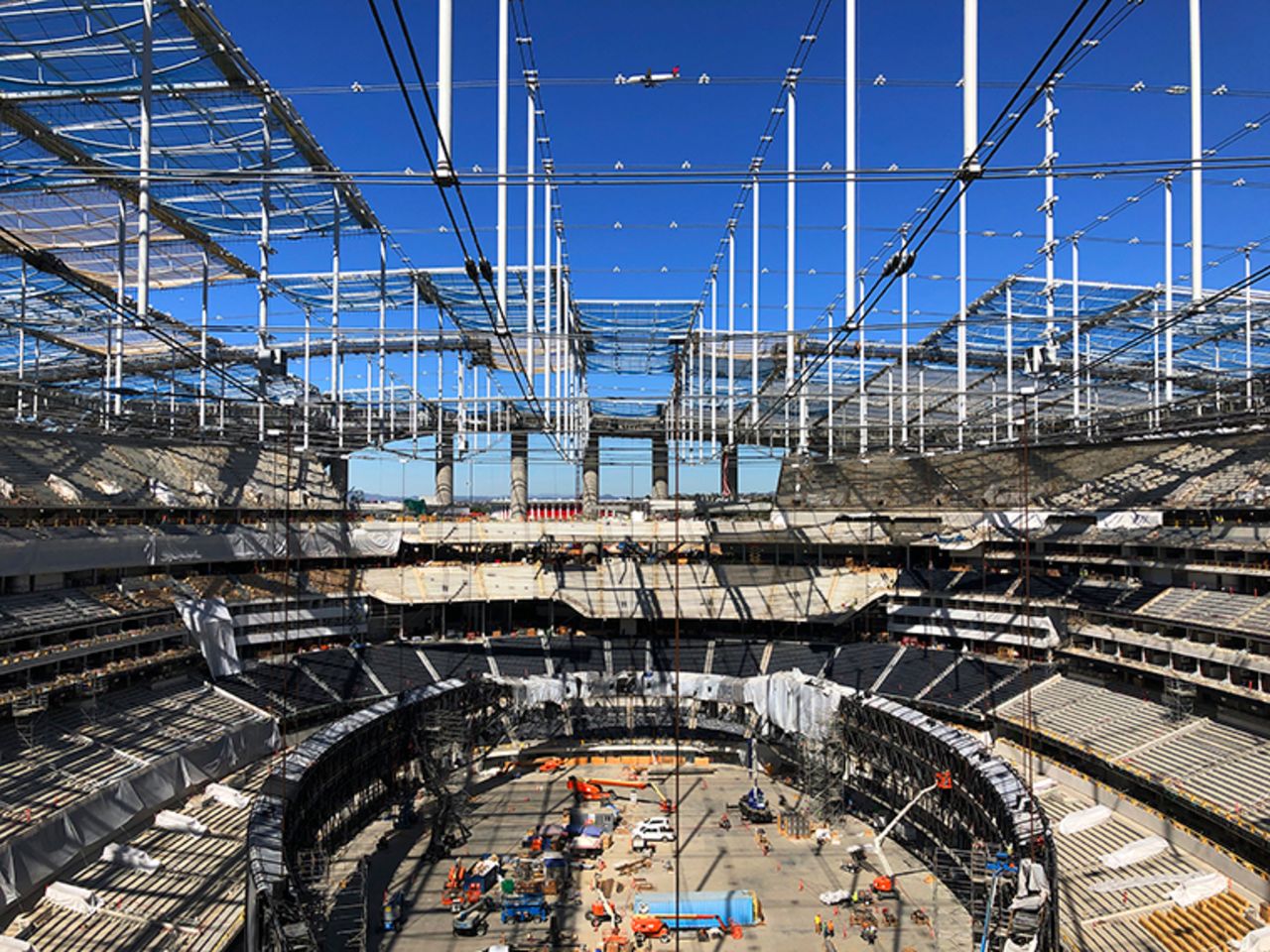 Construction progress on the SoFi Stadium is seen  on Wednesday, February 26, in Inglewood, California. T