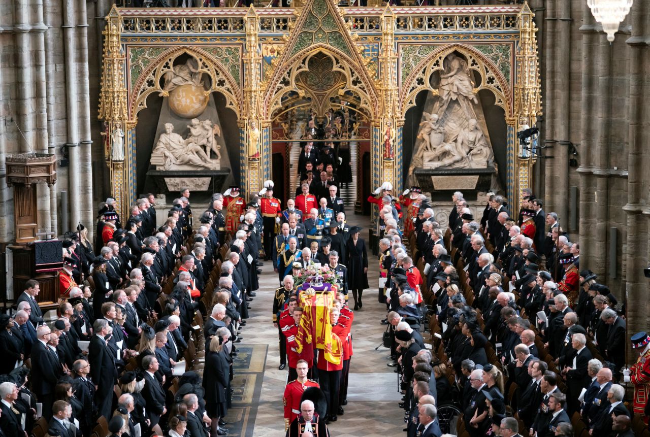 The coffin of?Queen?Elizabeth II, is carried out of Westminster Abbey after her state?funeral.