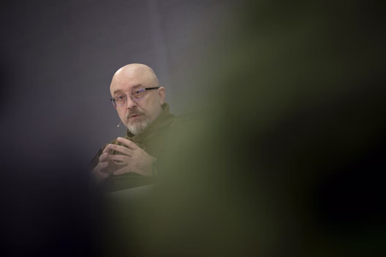 Ukrainian Minister of Defense Oleksii Reznikov speaks during a press conference in Kyiv, Ukraine, on February 5.