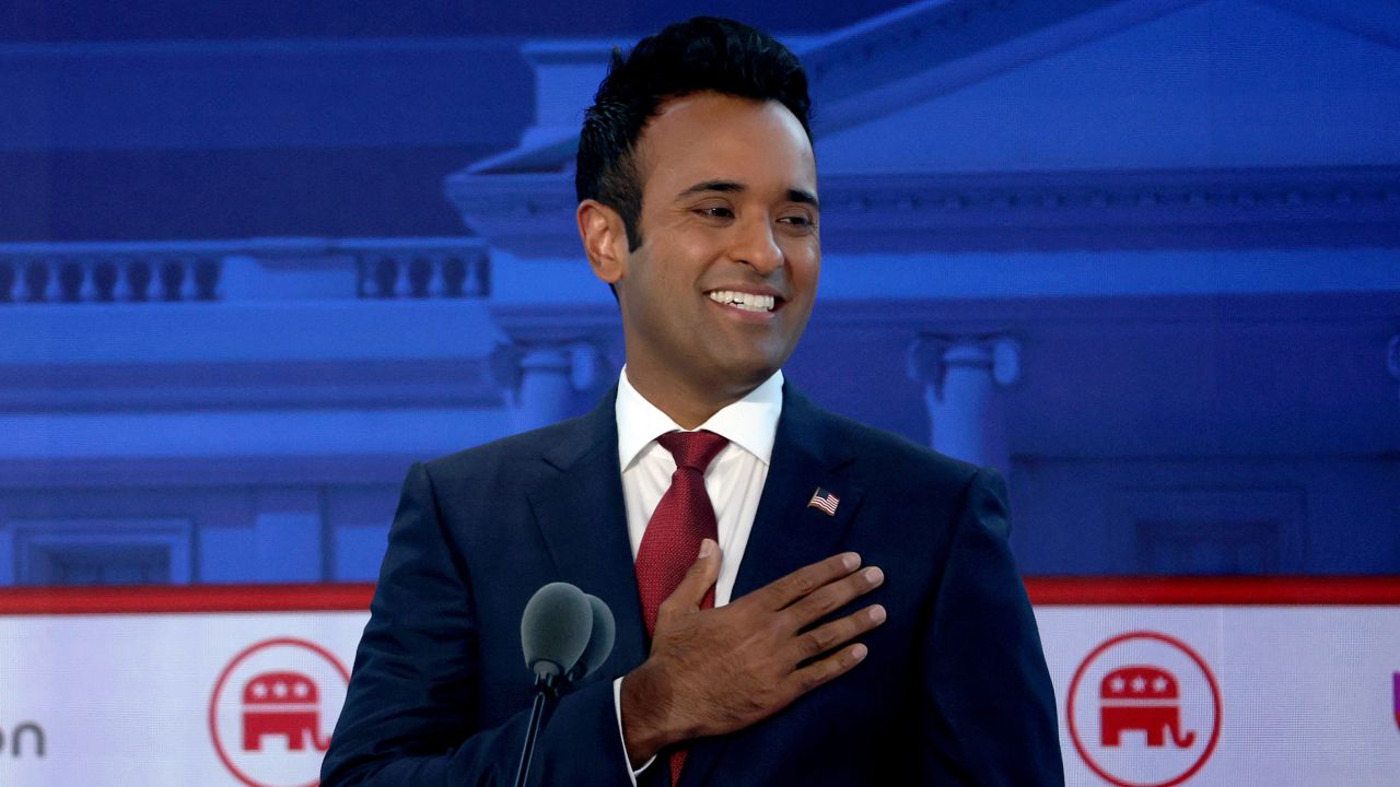 Republican presidential candidate Vivek Ramaswamy stands during the FOX Business Republican Primary Debate at the Ronald Reagan Presidential Library on September 27, 2023, in Simi Valley, California. 