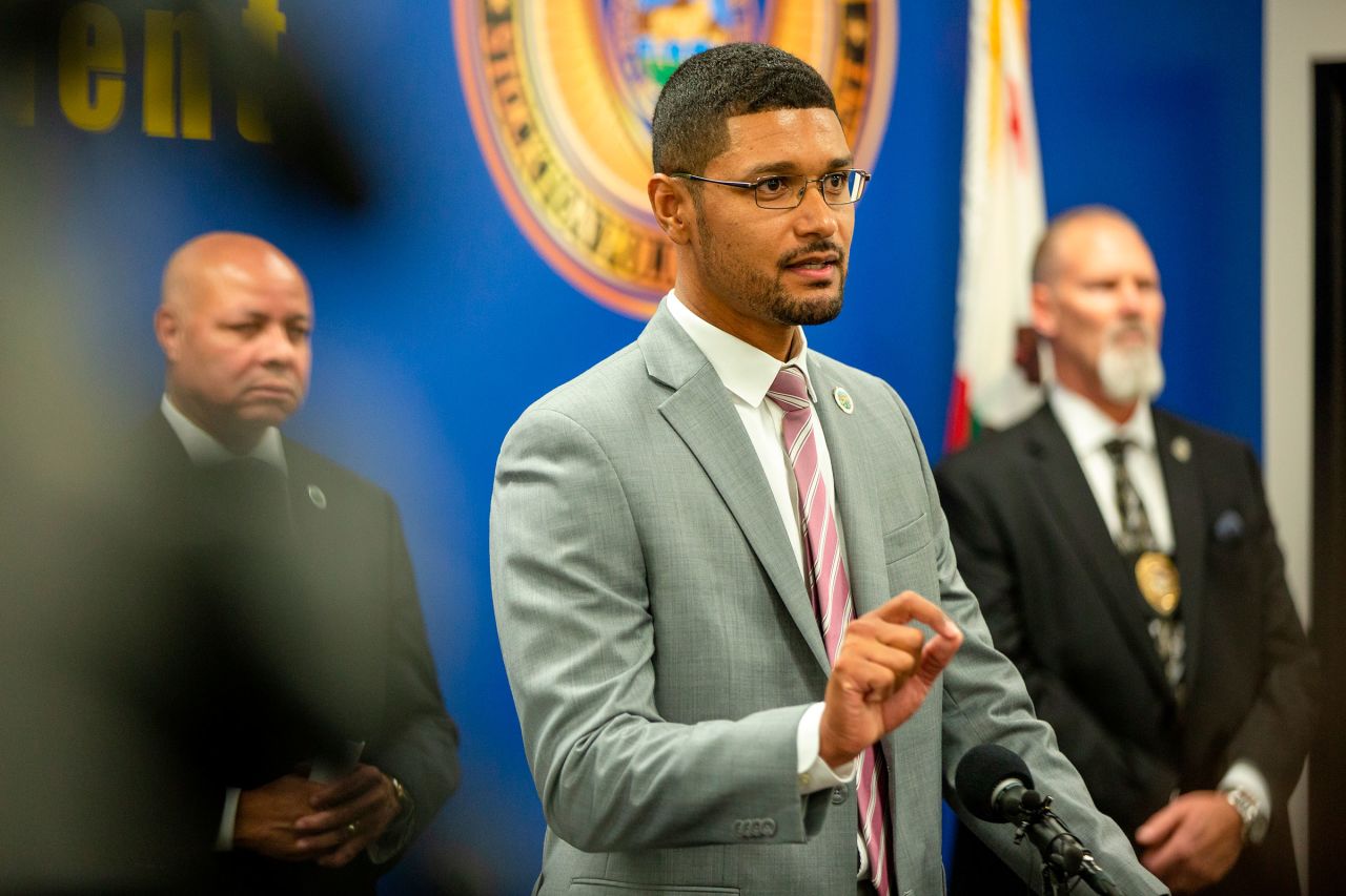 Stockton Mayor Kevin Lincoln addresses the media of the arrest of Wesley Brownlee, 43, a suspect in relation to a string of killings in Stockton and Oakland, during a press conference in Stockton, California, on October 15, 2022.