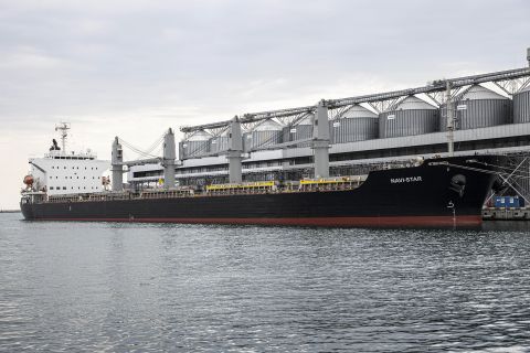 A grain ship waits in Odesa Port, Ukraine, on July 29. 