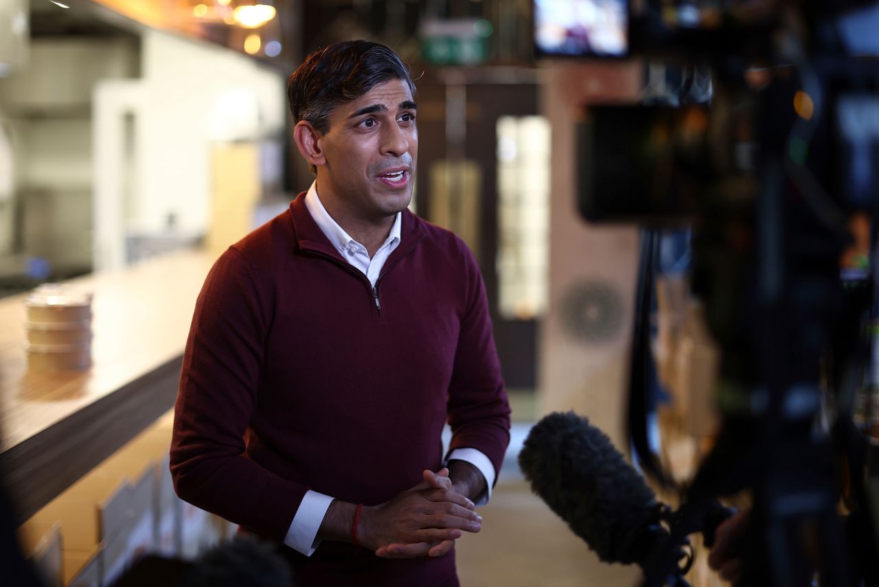 British Prime Minister Rishi Sunak speaks to the media during a visit to a restaurant in London on Monday, May 6.
