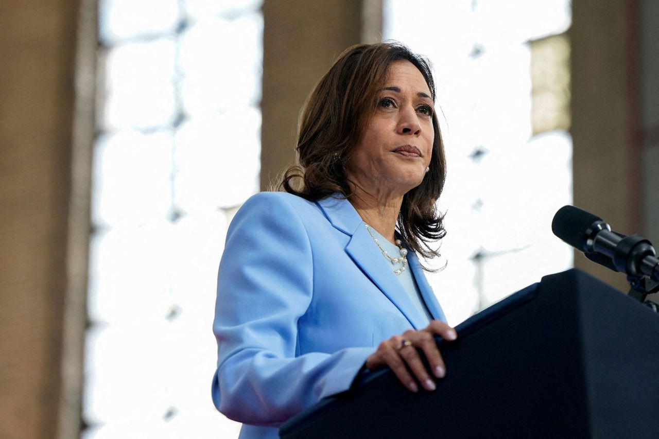 Vice President Kamala Harris looks on during a campaign event at Girard College in Philadelphia, Pennsylvania, on May 29.