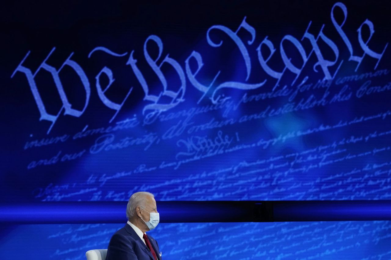 Democratic presidential candidate former Vice President Joe Biden participates in a town hall with moderator ABC News anchor George Stephanopoulos at the National Constitution Center in Philadelphia on Thursday.