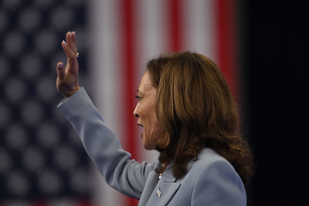 Kamala Harris greets the crowd during her presidential campaign rally in Atlanta, Georgia, on July 30.