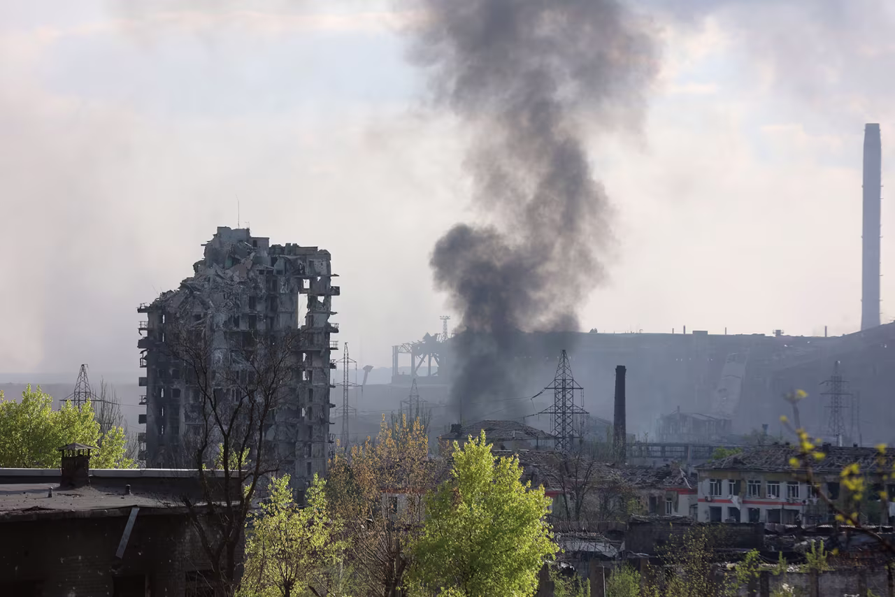 Smoke rises from the Metallurgical Combine Azovstal in Mariupol on Wednesday, May 4.