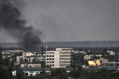 A photograph shows an explosion in the city of Severodonetsk during heavy fightings between Ukrainian and Russian troops in the eastern Ukrainian region of Donbas on May 30.