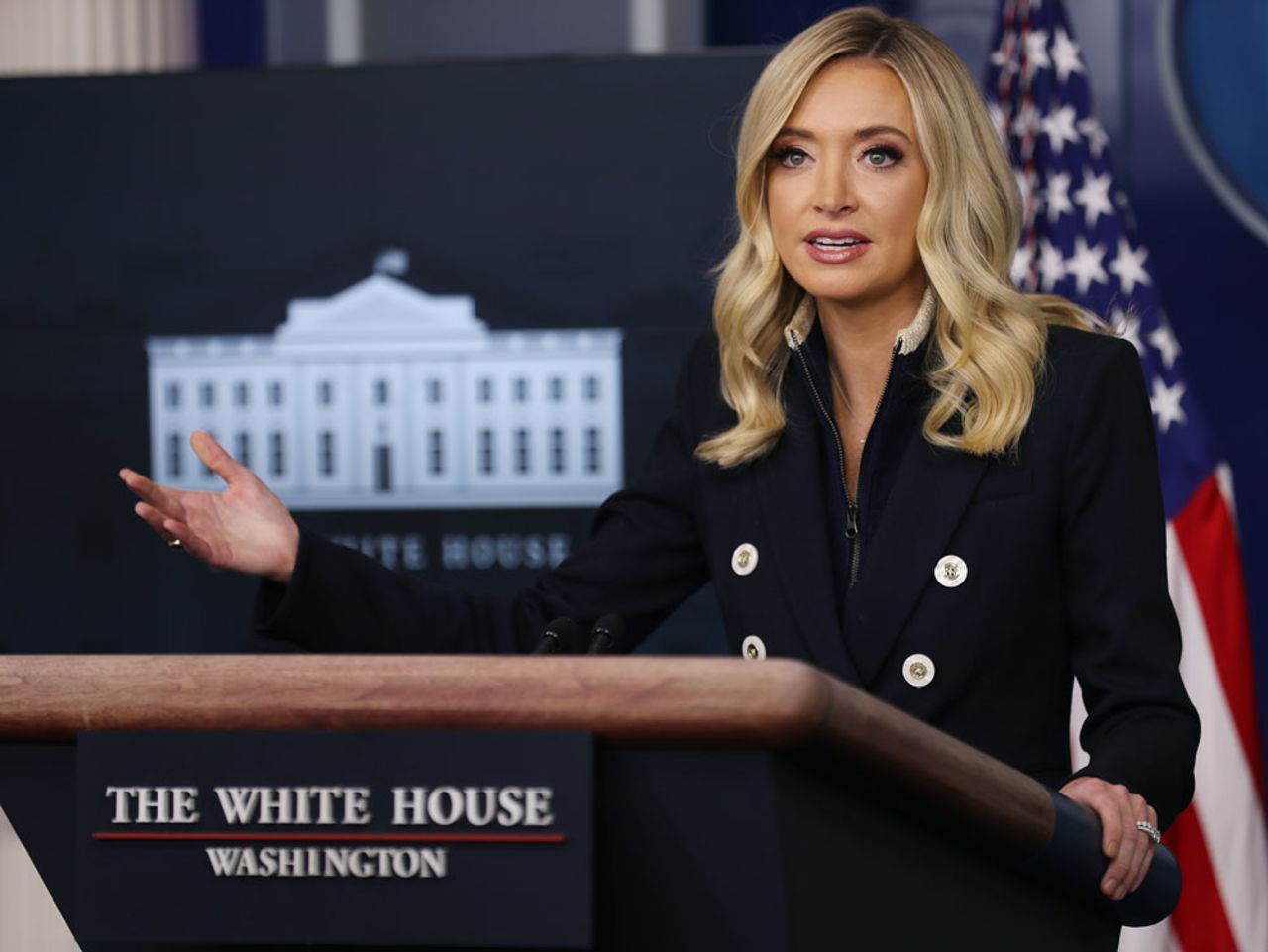 White House Press Secretary Kayleigh McEnany talks to reporters during a news conference at the White House June 1, in Washington. 