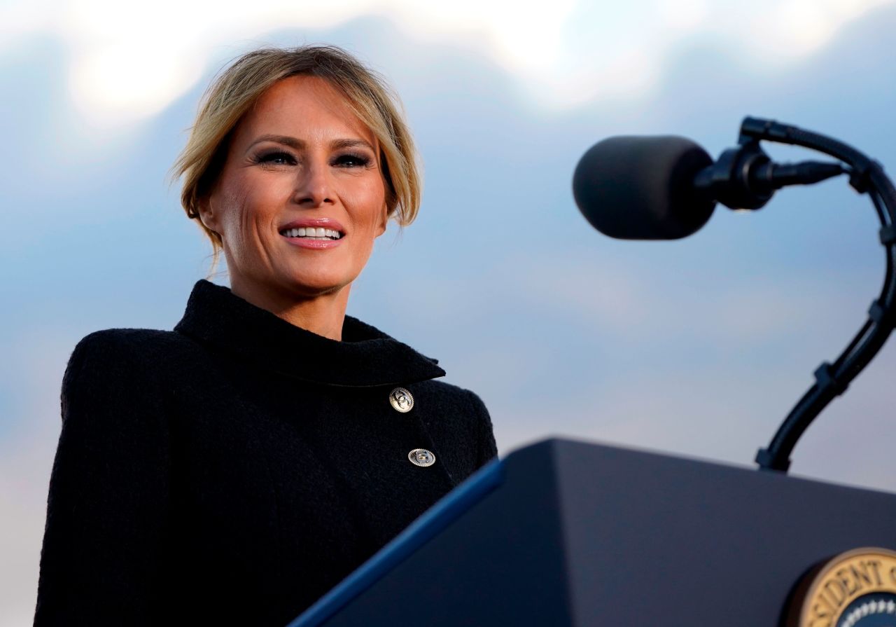 First lady Melania Trump speaks before boarding Air Force One at Joint Base Andrews in Maryland on January 20.