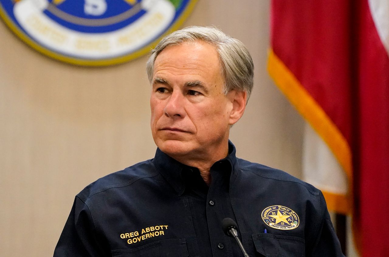 Texas Governor Greg Abbott attends a security briefing with former President Donald Trump and state officials and law enforcement at the Weslaco Department of Public Safety DPS Headquarters on June 30 in Weslaco, Texas.