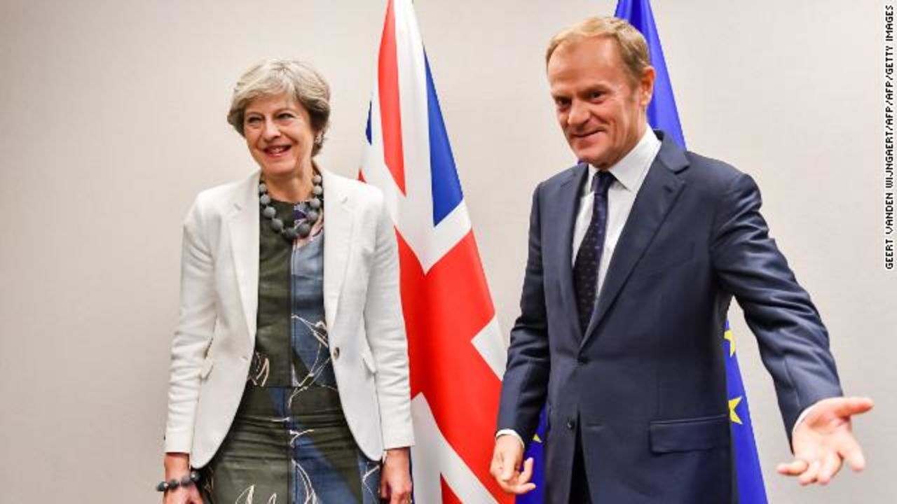 May and Tusk in slightly happier times, during an EU summit in Brussels in October 2017. 