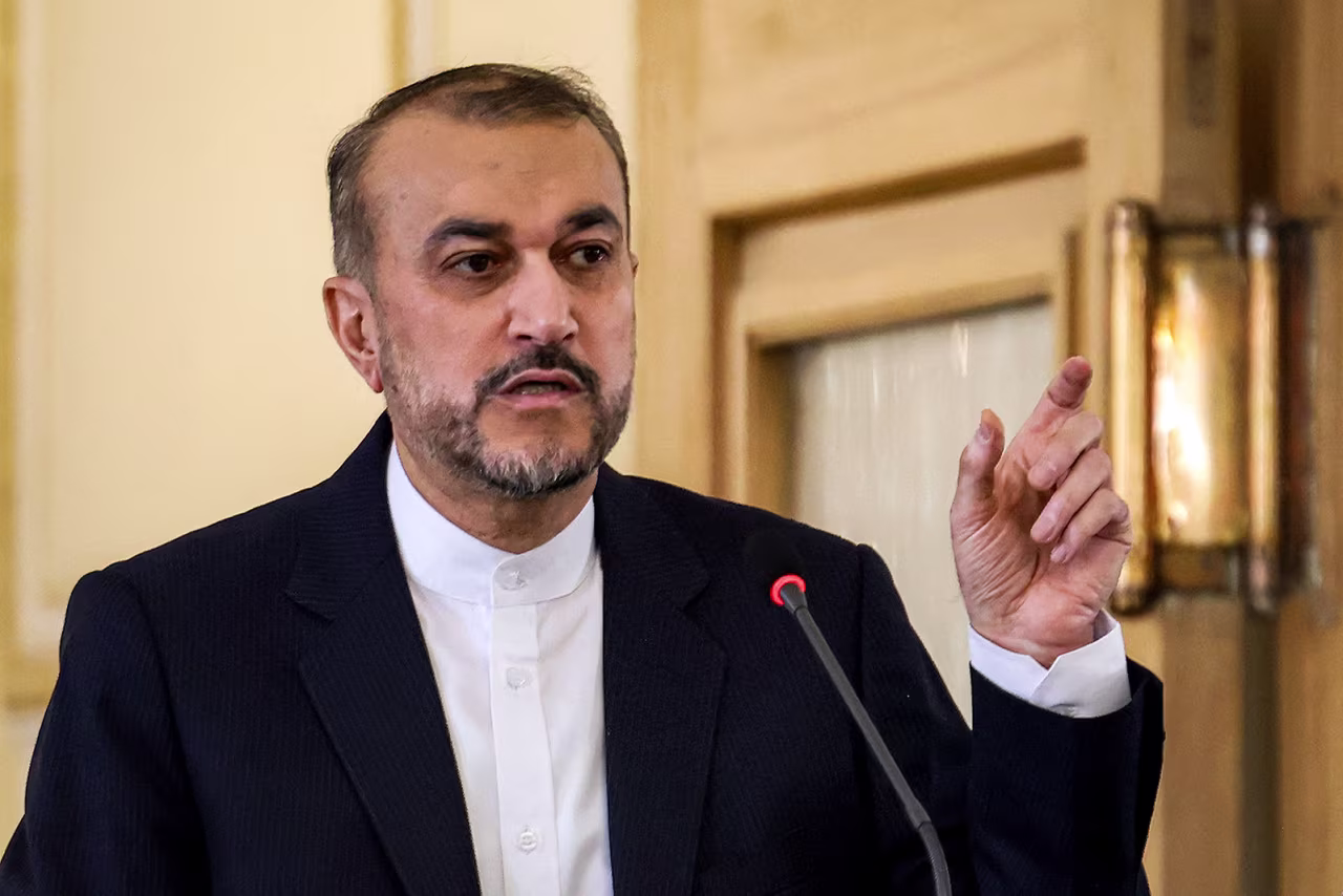 Iran's Foreign Minister Hossein Amir-Abdollahian speaks at a press conference at his headquarters in Tehran, Iran, on Sunday, April 14.