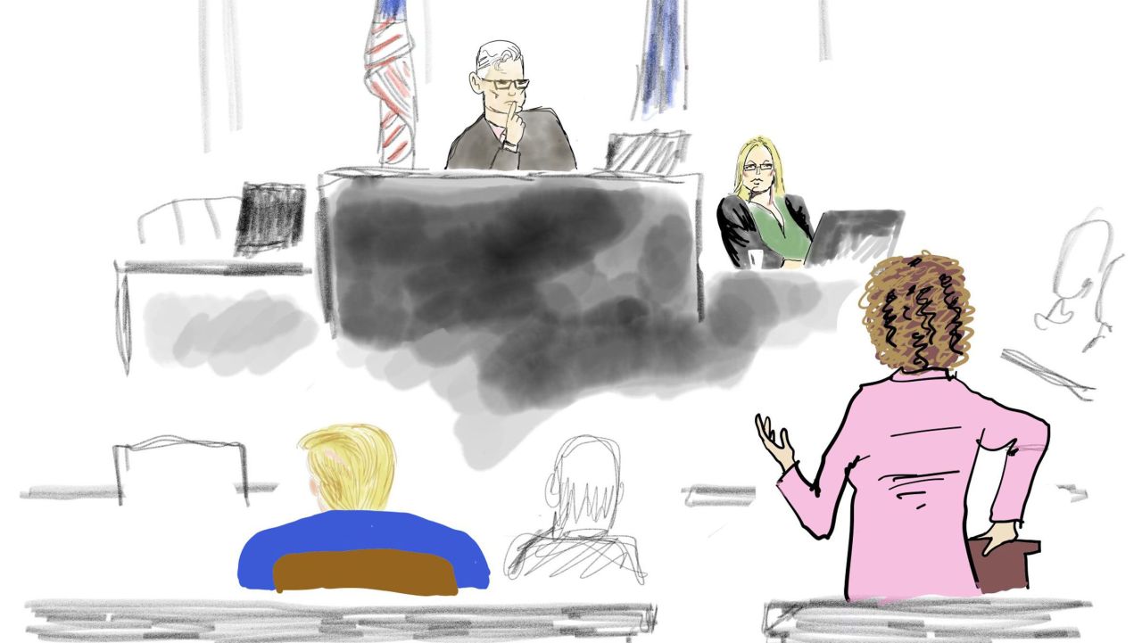 This sketch by CNN's Jake Tapper shows Stormy Daniels on the witness stand on Thursday, May 9. At the bottom right is defense attorney Susan Necheles.