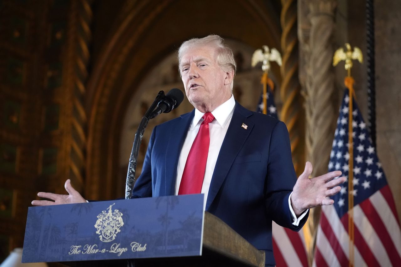 Former President Donald Trump speaks to reporters at his Mar-a-Lago estate on August 8, in Palm Beach, Florida.