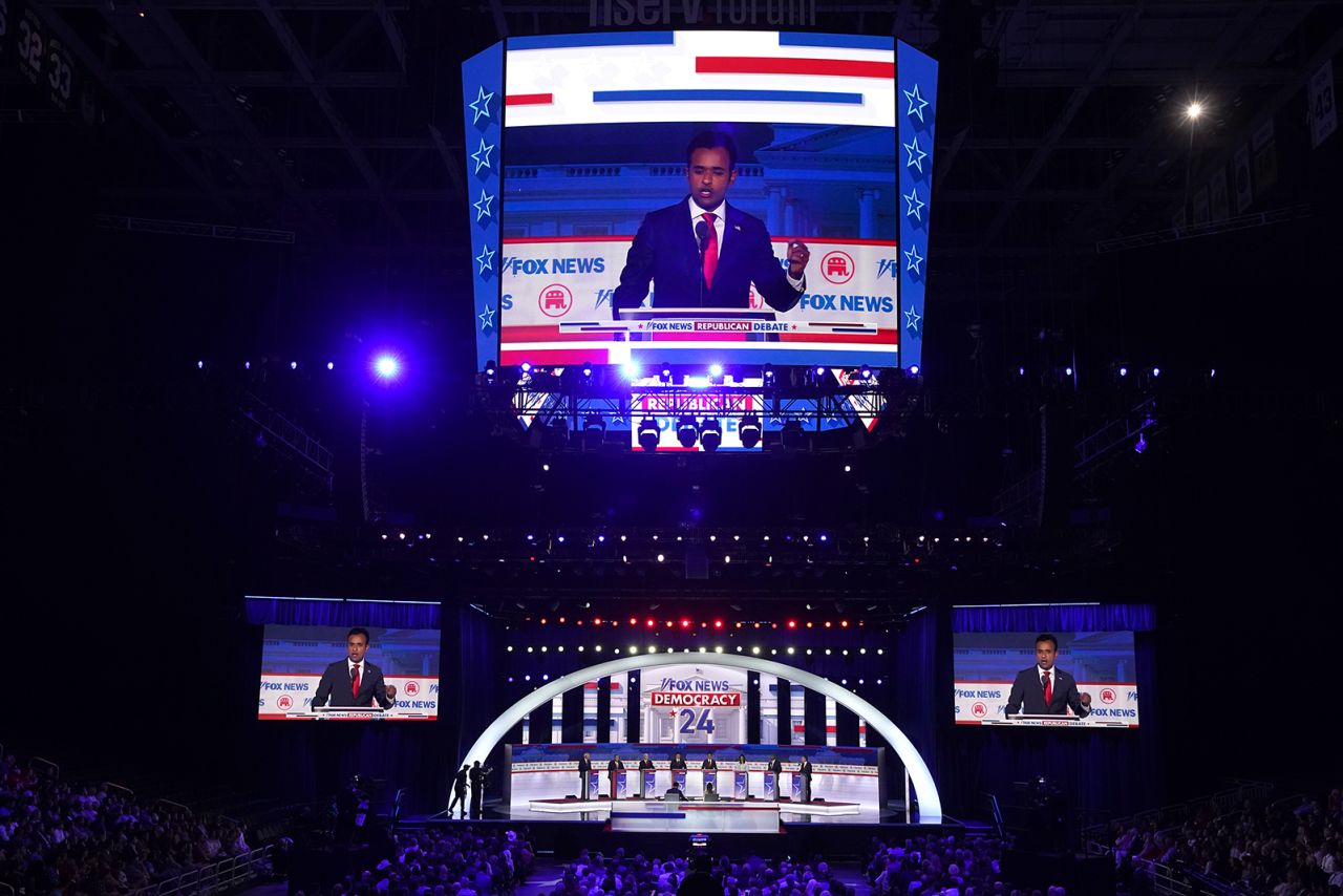 Vivek Ramaswamy is displayed on screens during the Republican primary debate in Milwaukee, Wisconsin, on August 23. 