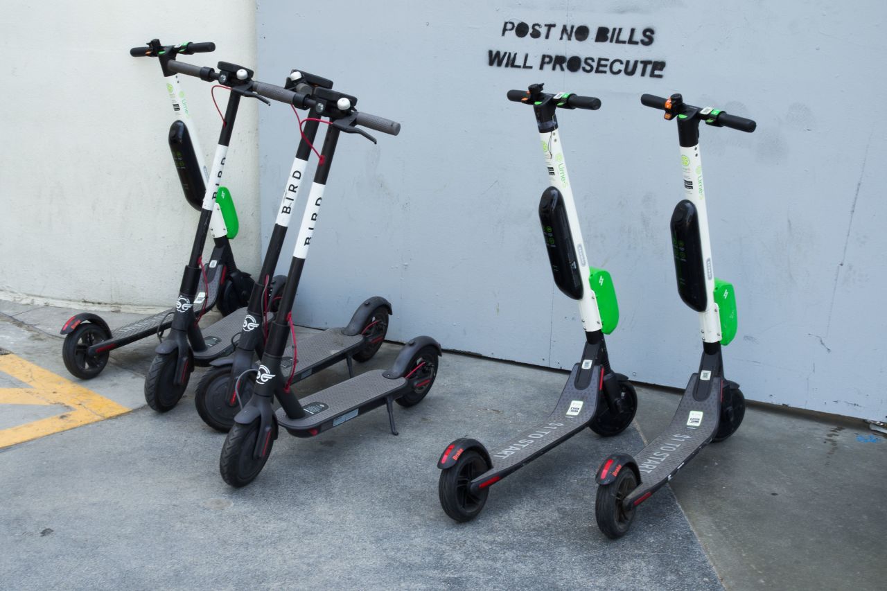 Shared electric scooters are seen in Santa Monica, California. 