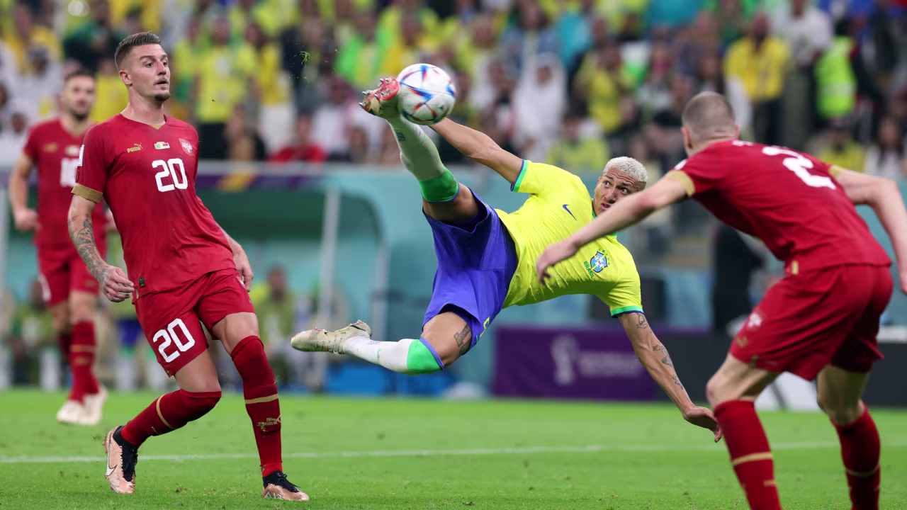 Richarlison scores his spectacular second goal against Serbia.