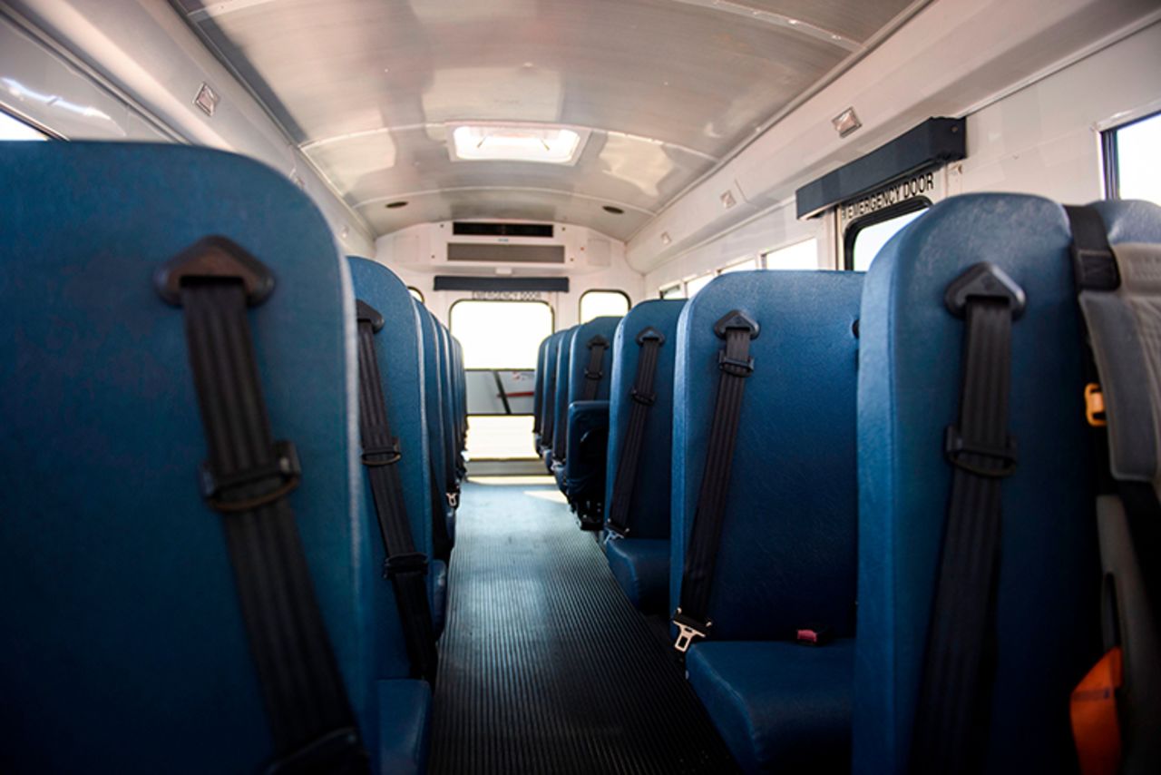 Seat belts inside an electric school bus parked at a mass vaccination site in a parking lot at Hollywood Park adjacent to SoFi stadium during the Covid-19 pandemic on March 1, 2021 in Inglewood, California.?