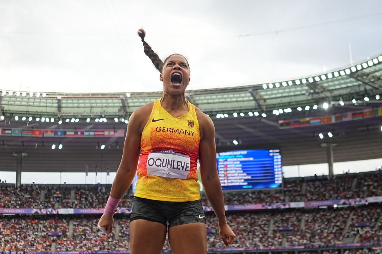 Yemisi Ogunleye from Germany reacts during the women's shot put final.