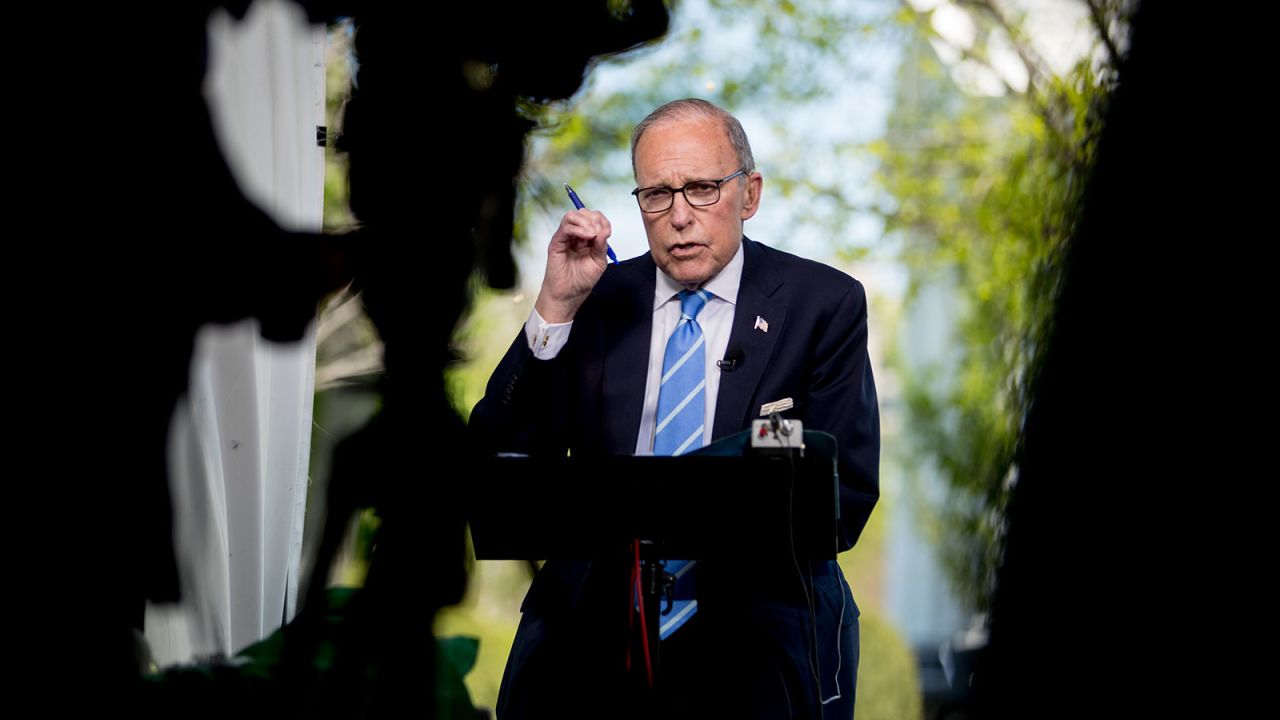 White House chief economic adviser Larry Kudlow speaks during a television interview along Pebble Beach on the North Lawn of the White House on April 9.