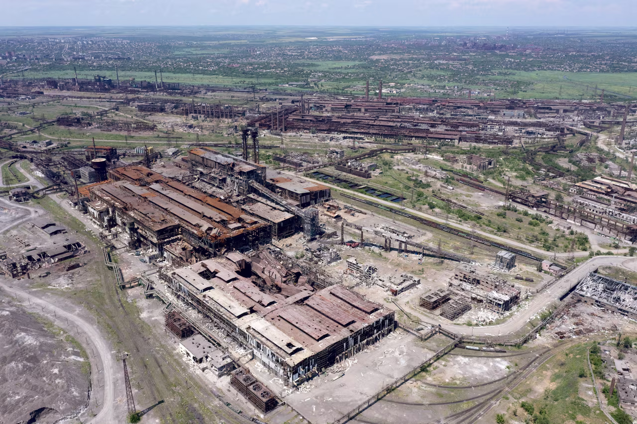 An aerial view shows ruins of the Azovstal steel plant in Mariupol, Ukraine, on June 13.